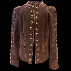 Aria Brown Leather Jacket with Gold Eyelets
